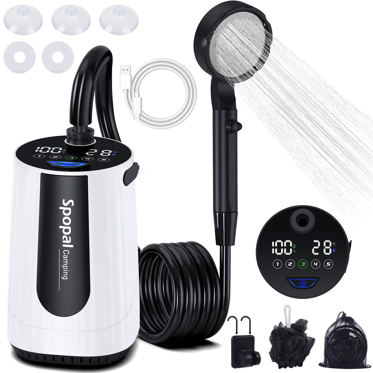 Spopal portable shower with upgraded LED display showing temperature and power readouts.