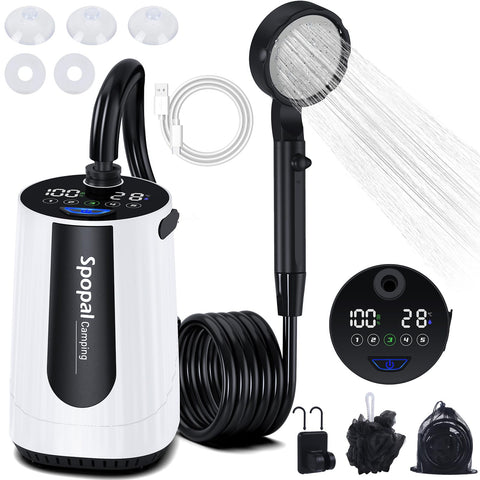 Spopal portable shower with upgraded LED display showing temperature and power readouts.