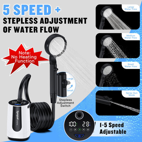 Spopal five-speed flow control for versatile camping showers.