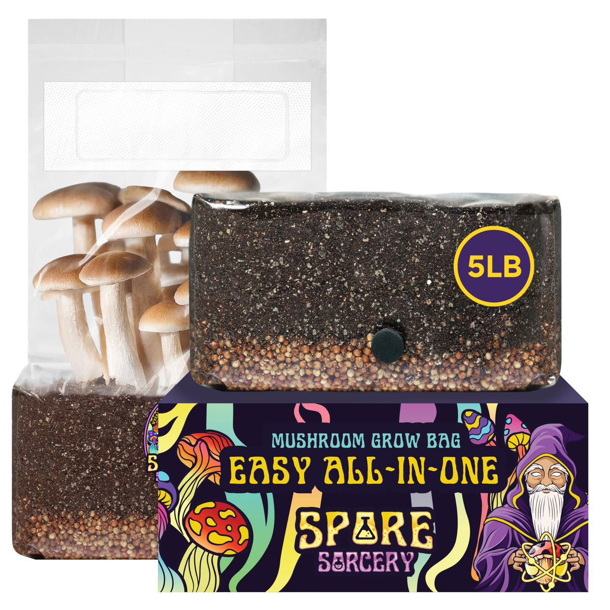 SPORE SORCERY 5lb grow bag with injection port for quick inoculation and fresh harvests.
