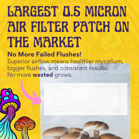 SPORE SORCERY zero-point-five-micron filter patch improves airflow and mycelium health.