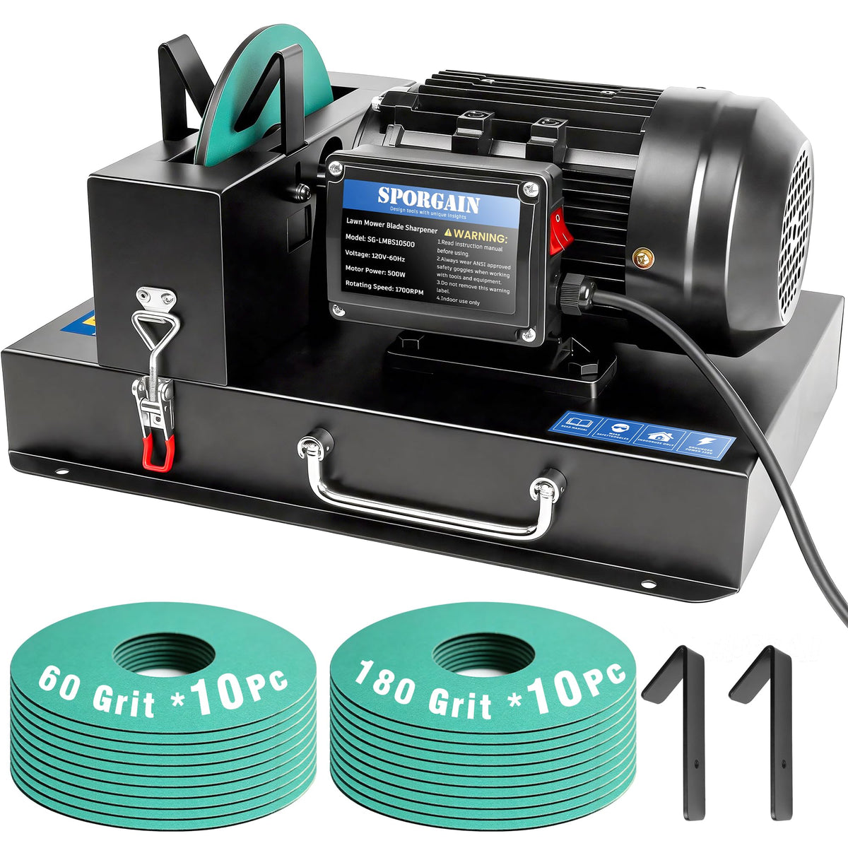 SporGain lawn mower blade sharpener with a 7-inch ceramic wheel for precise edge restoration.