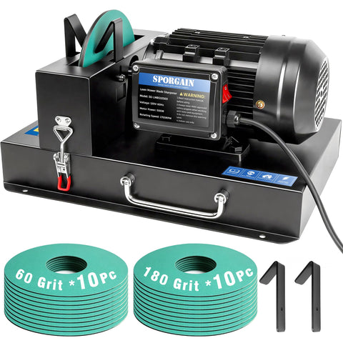 SporGain lawn mower blade sharpener with a 7-inch ceramic wheel for precise edge restoration.