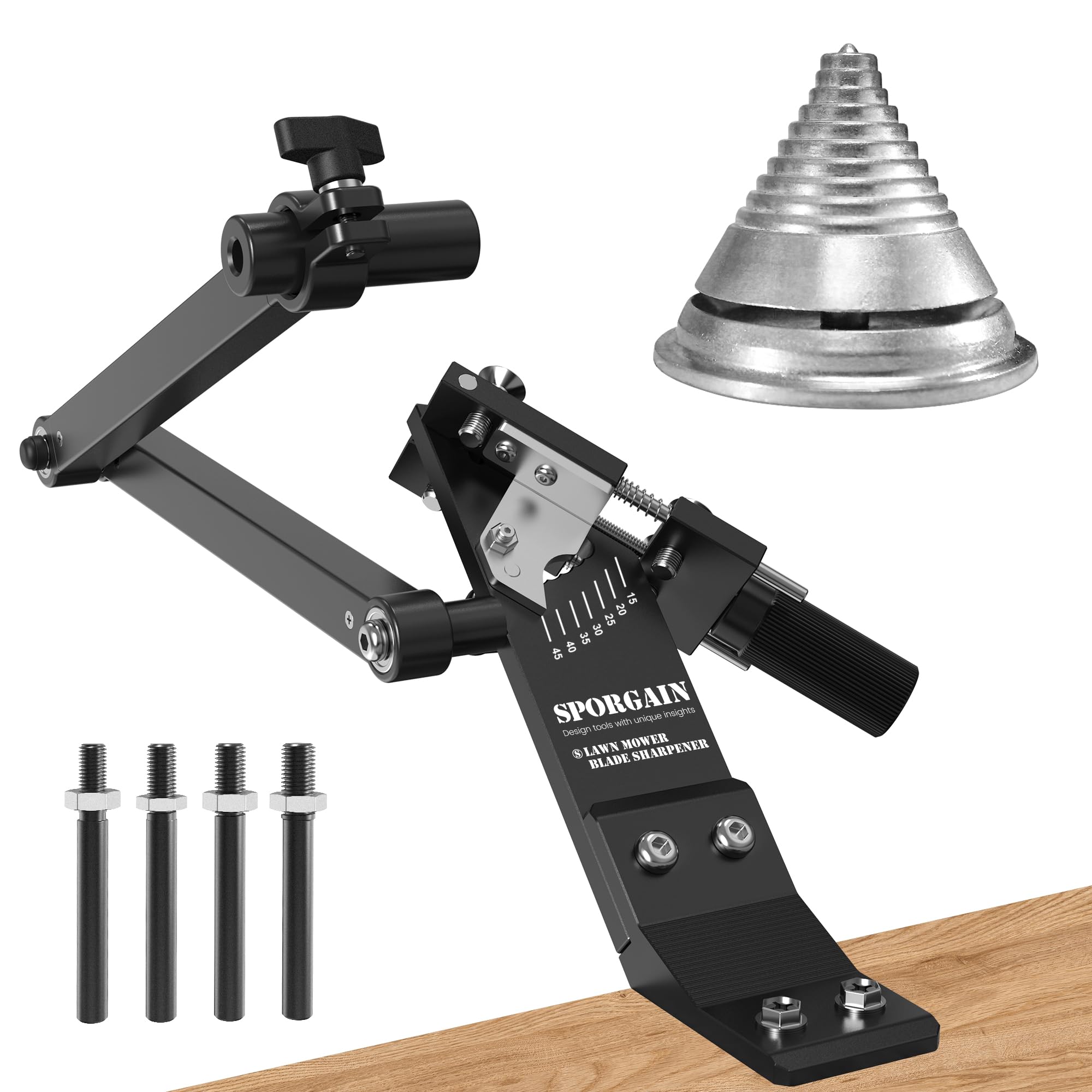 SporGain lawn mower blade sharpener with tilt guide for precision sharpening.