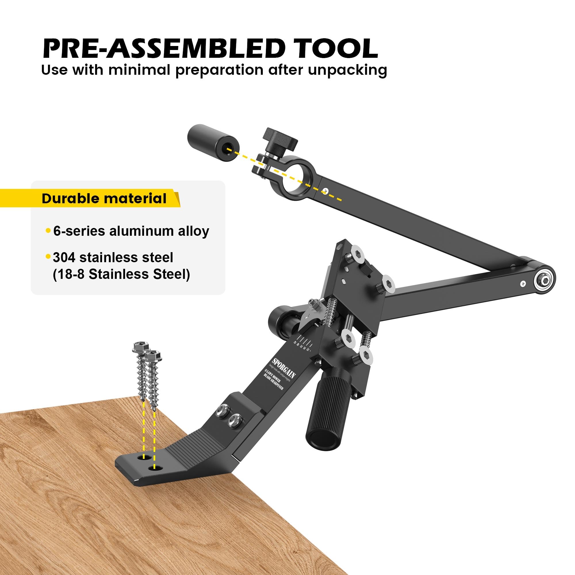 SporGain universal compatibility supports many mower blade types with standard grinders