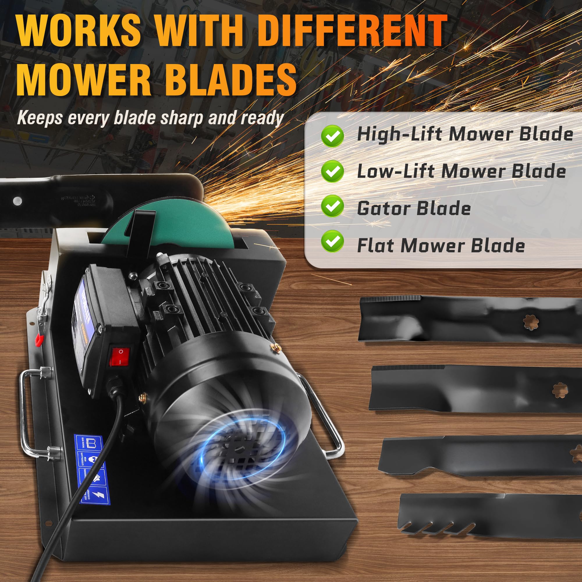 SporGain wide blade compatibility covers high-lift, low-lift, gator, and flat blades.
