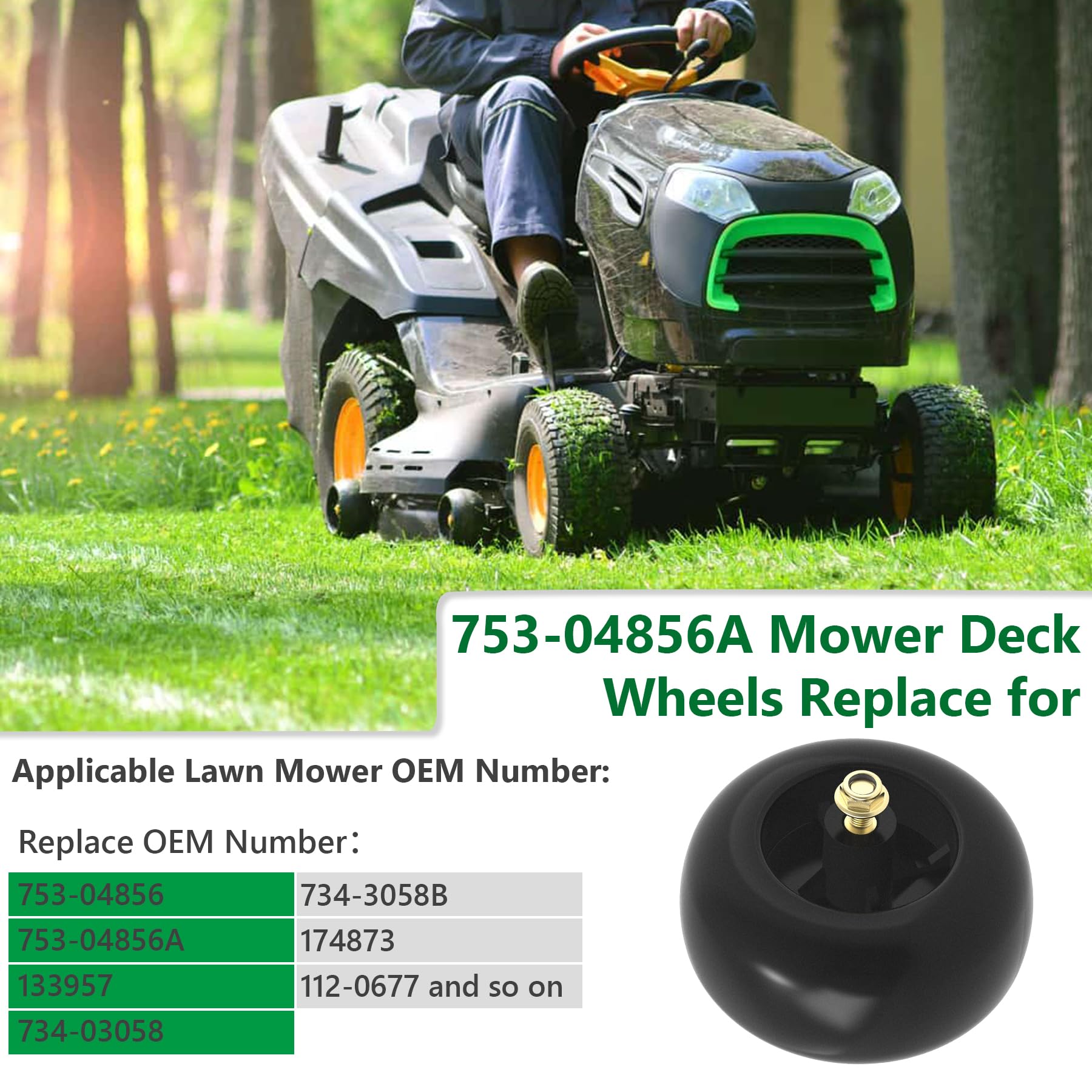 Deck wheel mounted on a mower demonstrates steady ground clearance for even cuts