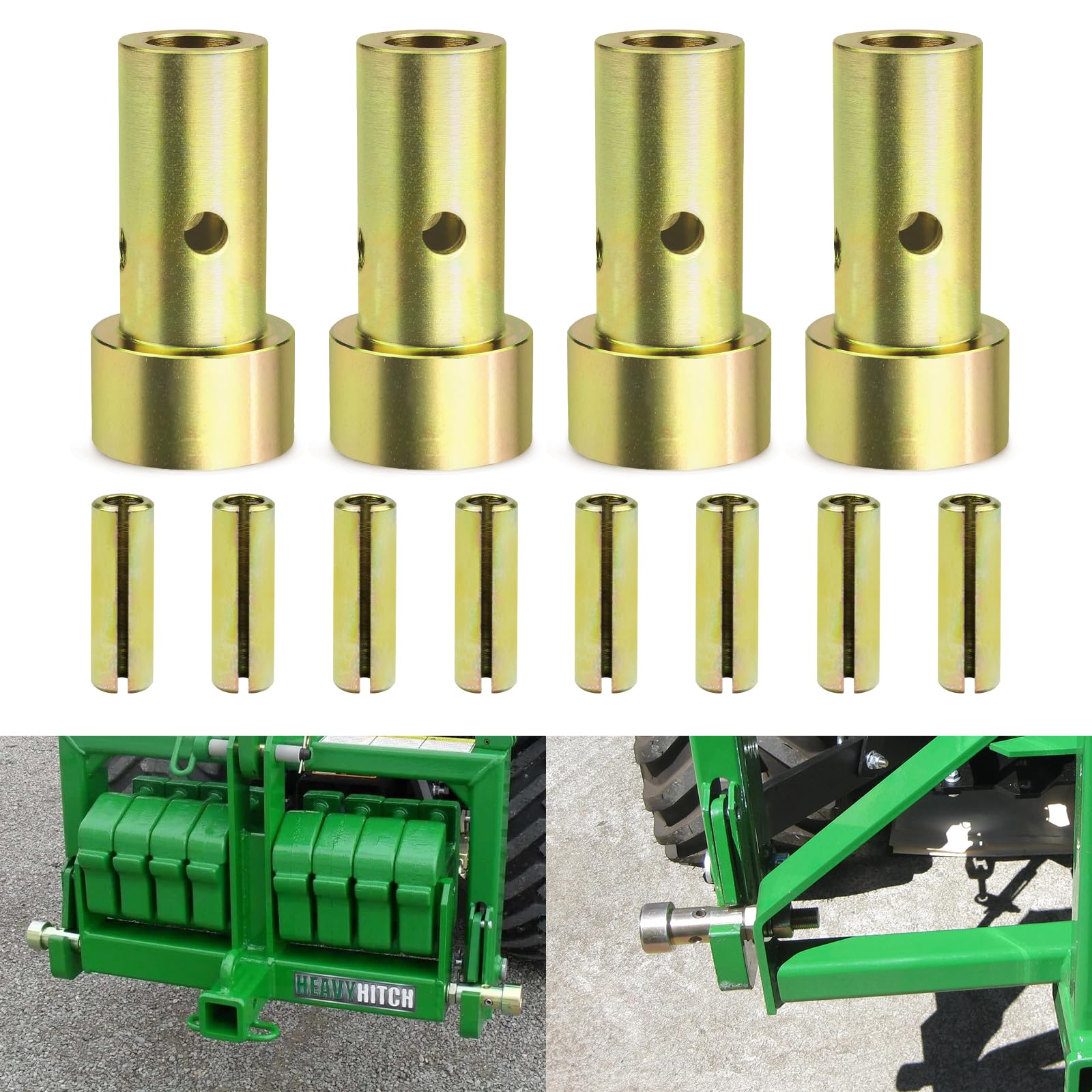 Sporthfish quick hitch bushing set front view in gold for Cat 1 tractors, easy attachment.