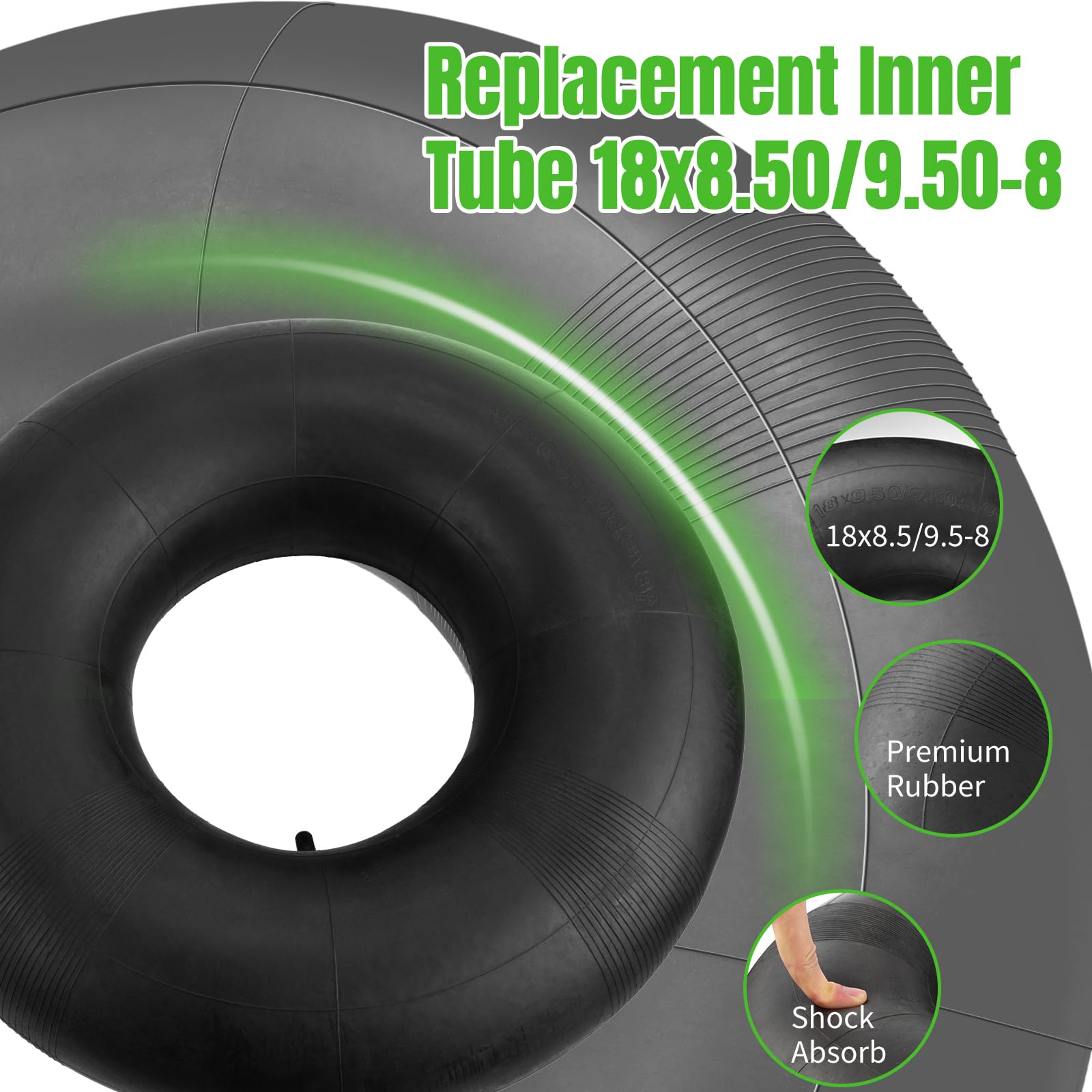 SPORTYOUTH inner tube for 18x9.50-8 tires, side view, fits golf cart wheels.