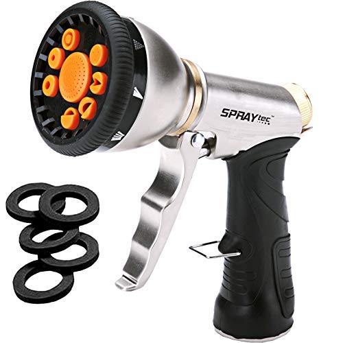 SprayTec high-pressure hose nozzle with ergonomic grip and 9 spray patterns for versatile use.
