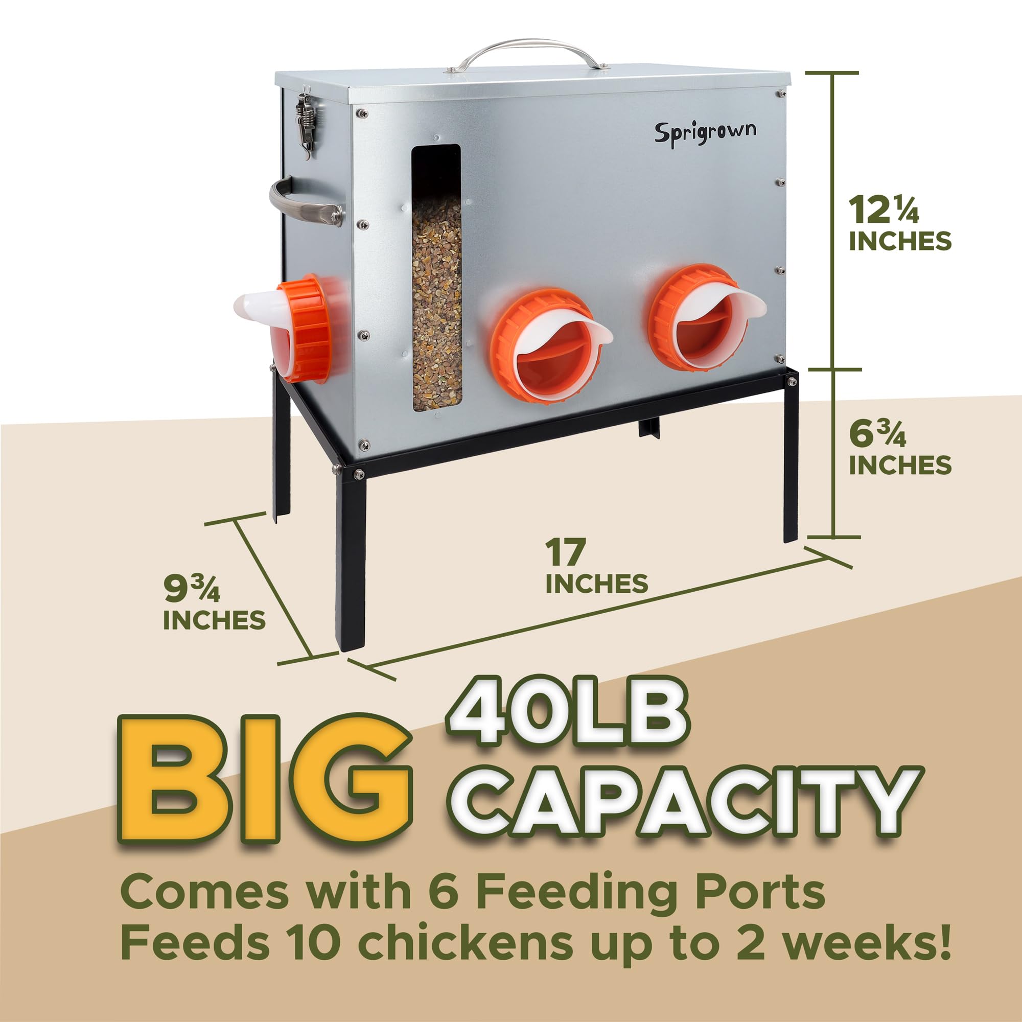 Sprigrown no-spill ports keep feed in the feeder and coop clean
