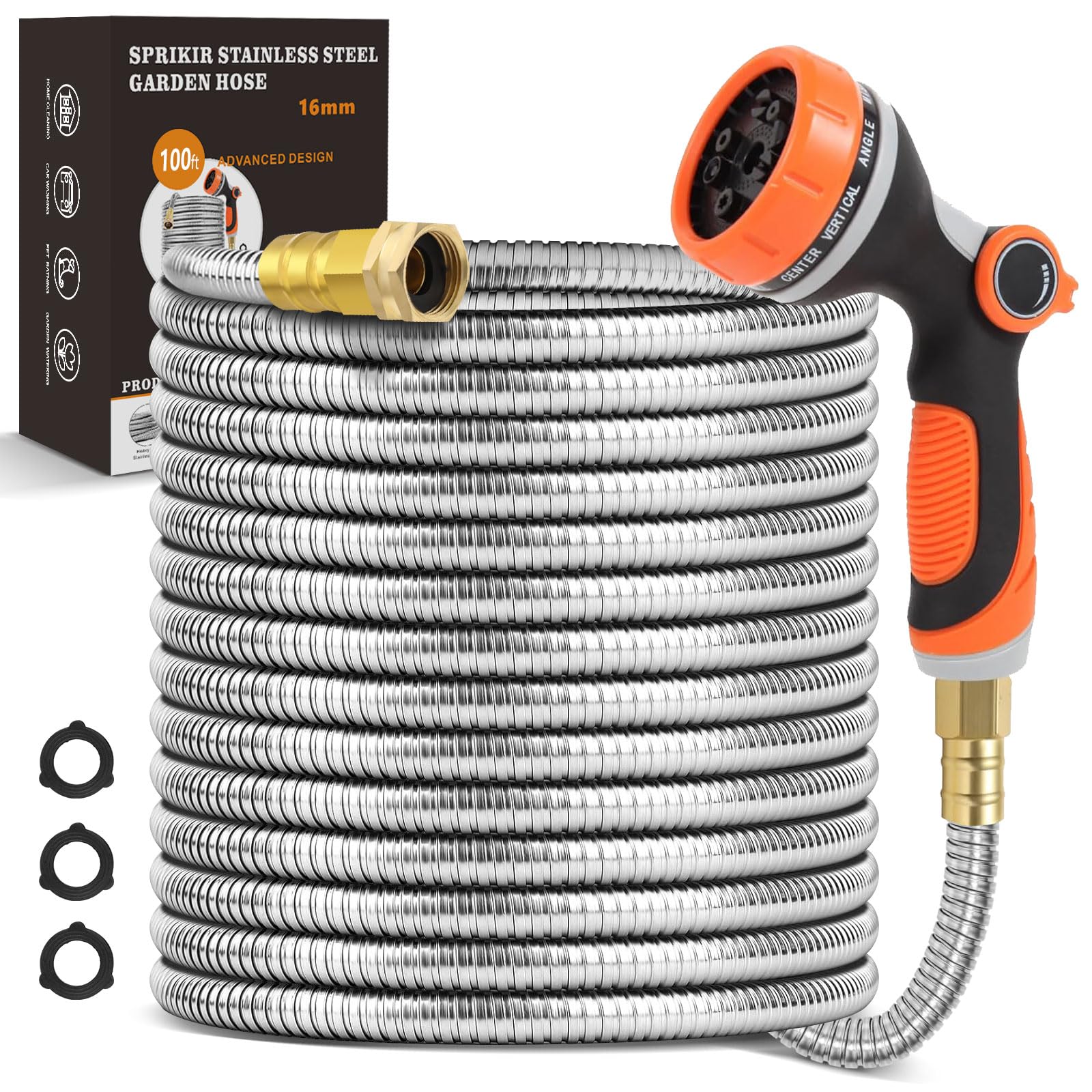 SPRIKIR Metal Garden Hose 100ft shows extended reach for yards and gardens.