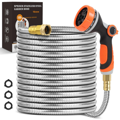 SPRIKIR Metal Garden Hose 100ft shows extended reach for yards and gardens.