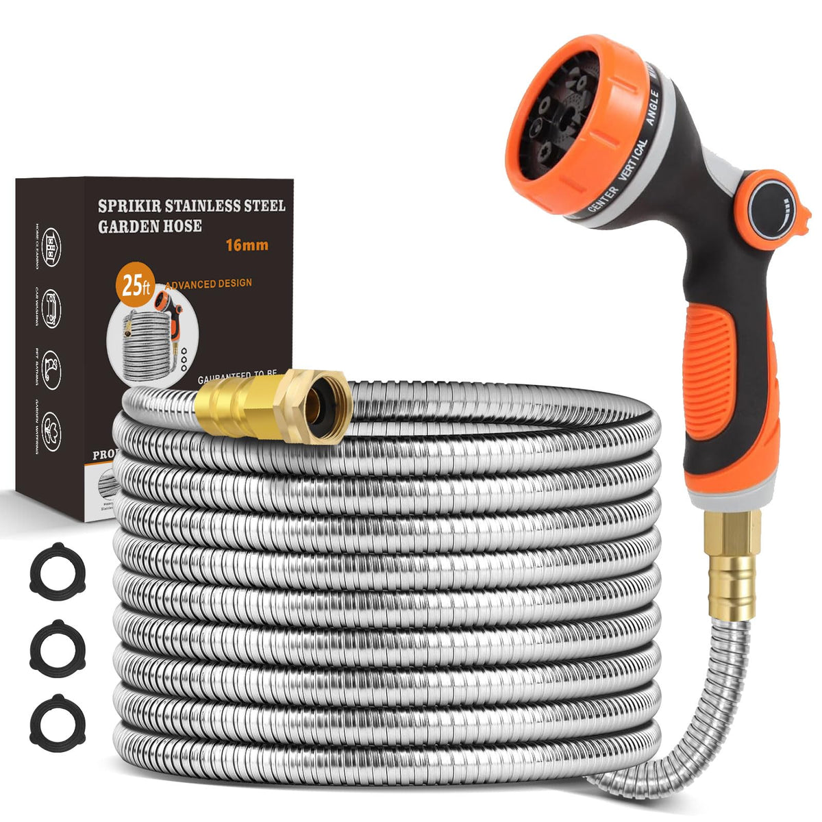 SPRIKIR metal garden hose 25ft arching around a flower bed for easy watering.