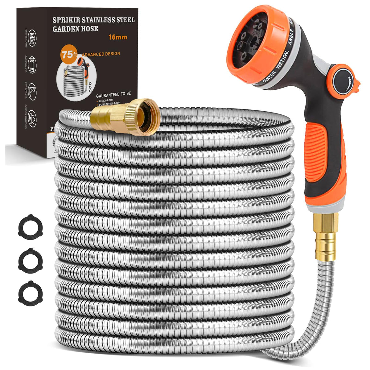 Sprikir metal garden hose 75ft coiled for easy storage and flexible reach.