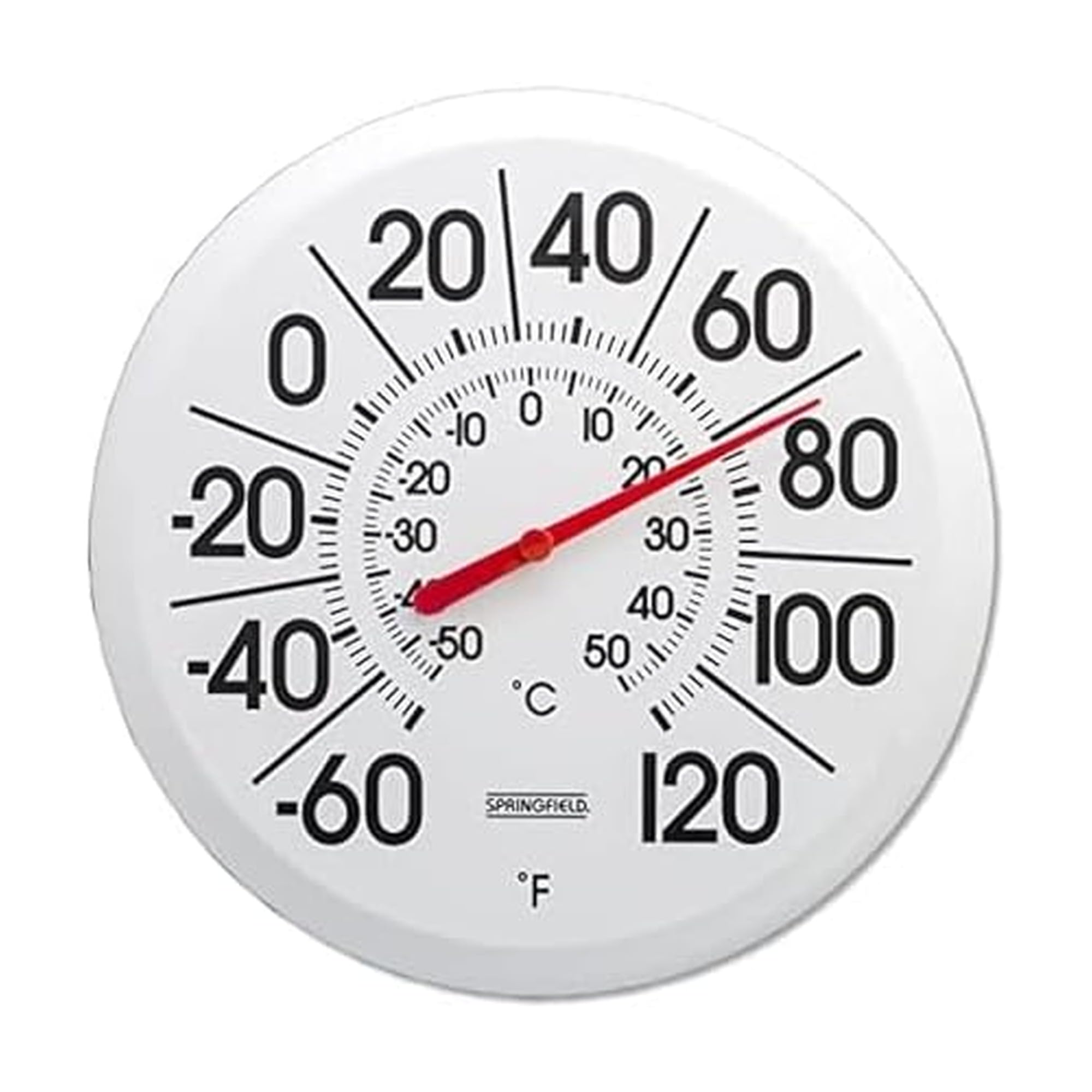 Springfield Big and Bold Thermometer on patio shows clear Fahrenheit and Celsius readings.
