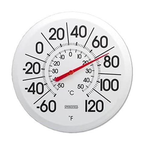 Springfield Big and Bold Thermometer on patio shows clear Fahrenheit and Celsius readings.