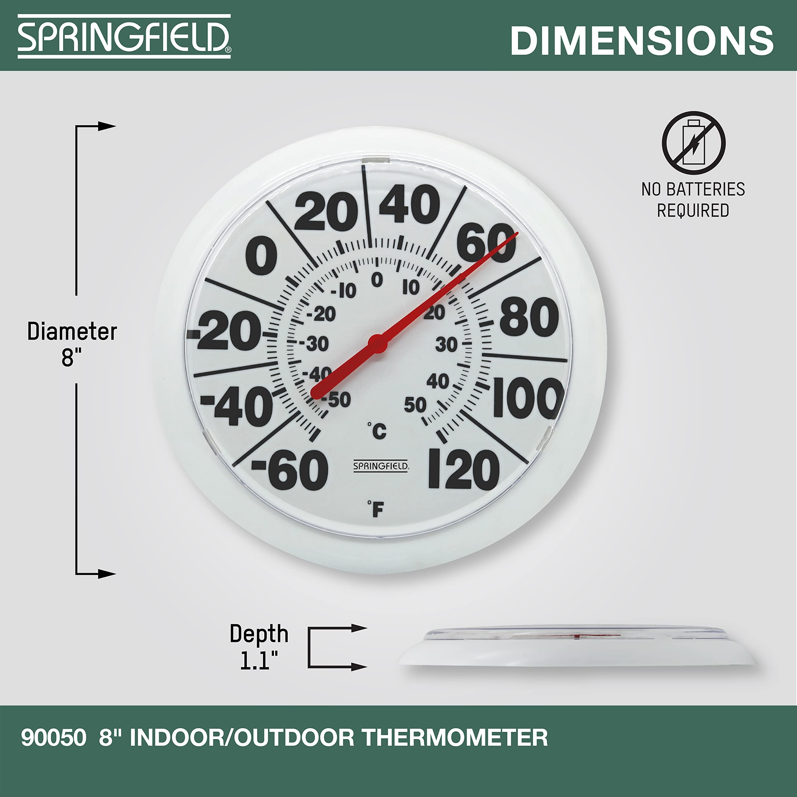 Springfield bold-number dial aids quick temperature checks outdoors