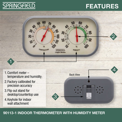 Springfield Color Track Hygrometer shows humidity for healthy indoor air levels.