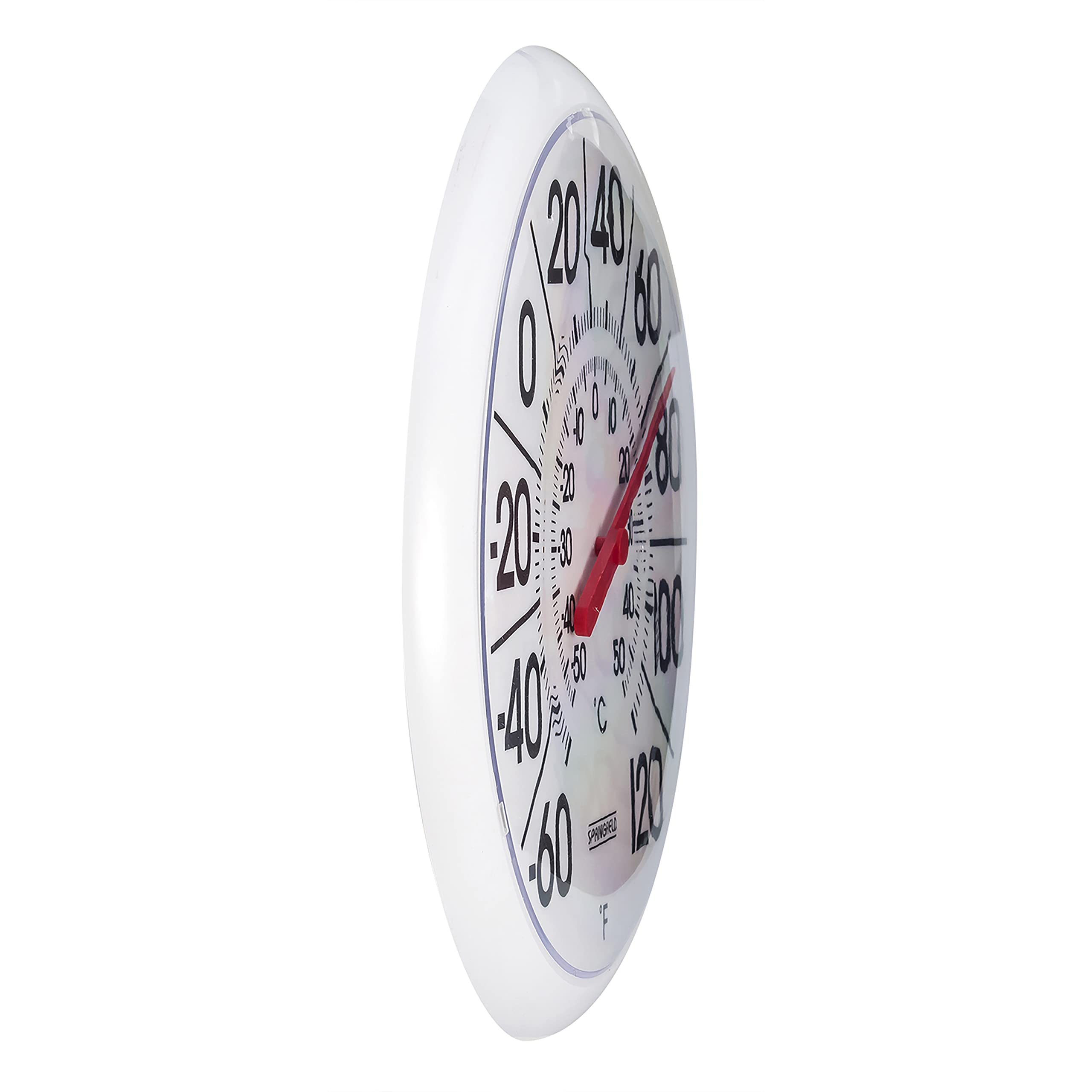 Bold numbers and red pointer enable quick readings on the Springfield thermometer.