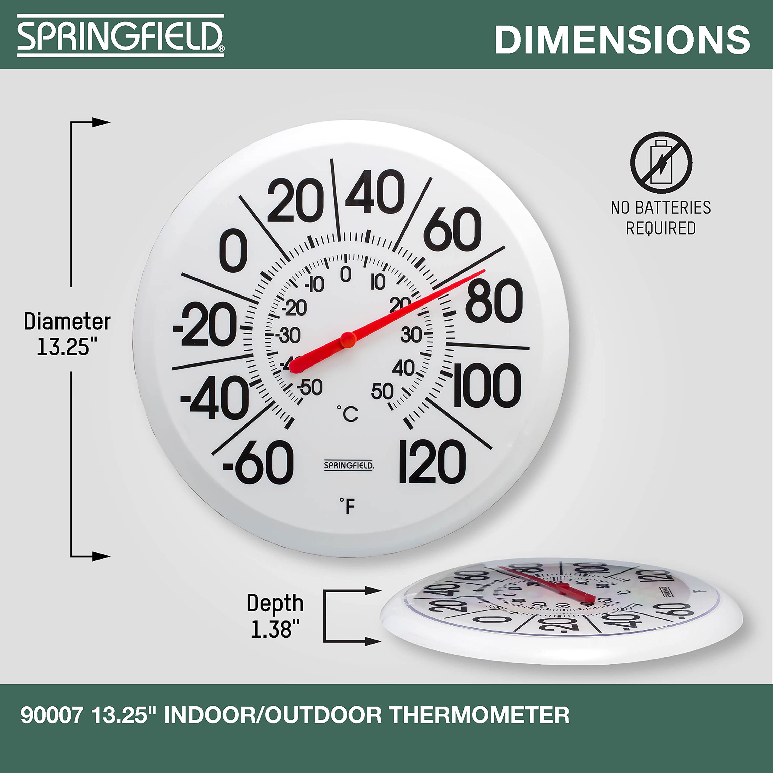 Close-up of the Springfield thermometer face with bold numbers and red pointer.