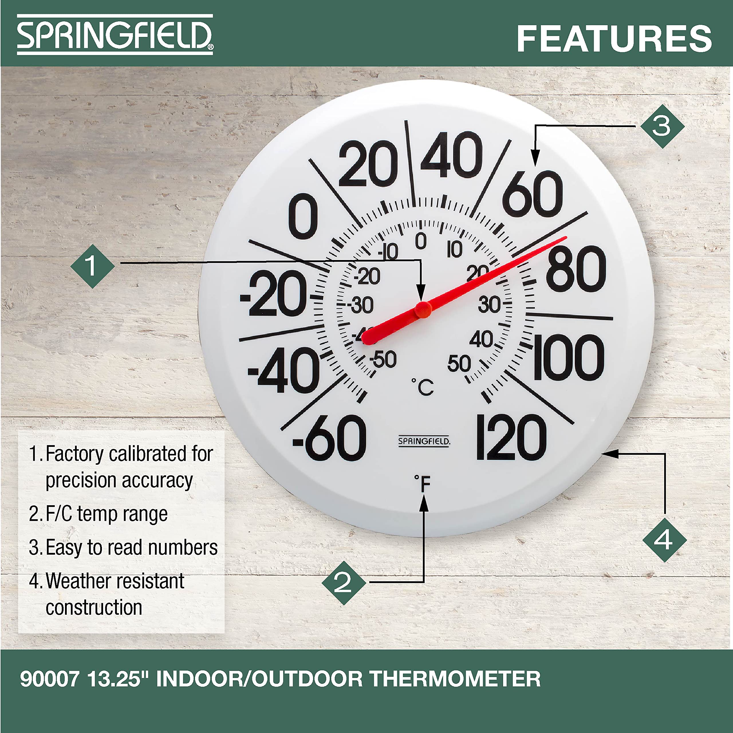 Springfield thermometer mounting bracket closeup enables easy wall installation.