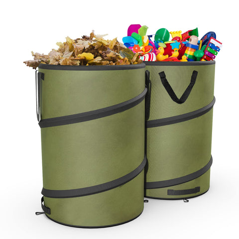 Sprinia collapsible 30-gallon trash can opened and ready for camping waste.