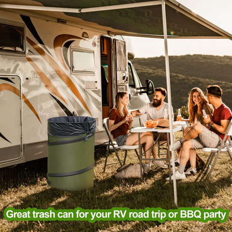 Sprinia 30-gallon trash can outdoors for camping, BBQ, or yard cleanup.