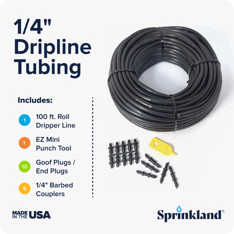 Sprinkland dripline emitters 6in spacing provide uniform watering across rows.