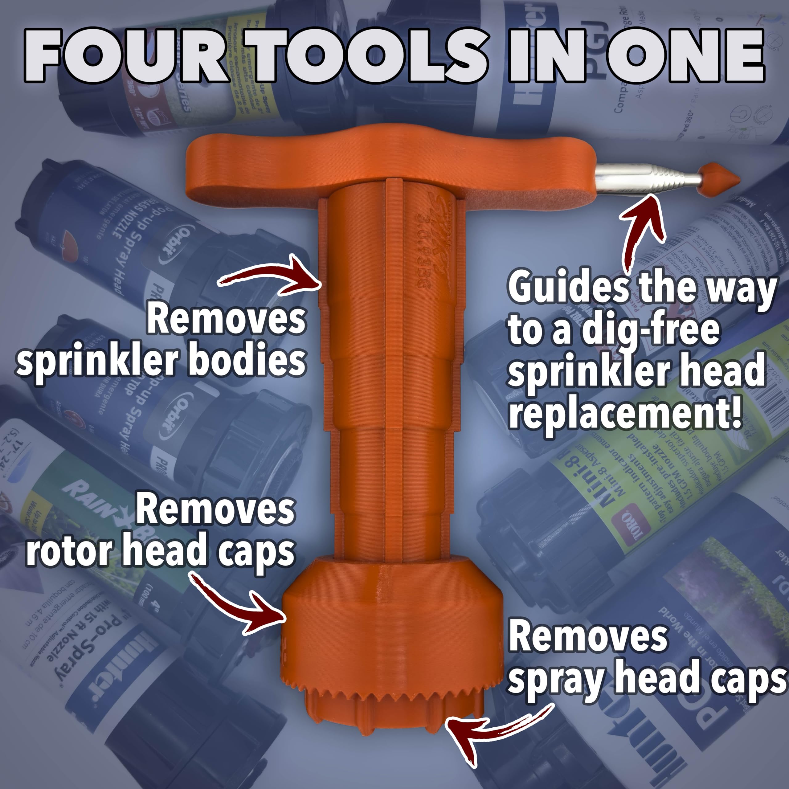 Sprinkler Tools deep-reach feature unscrews sunken heads with ease.