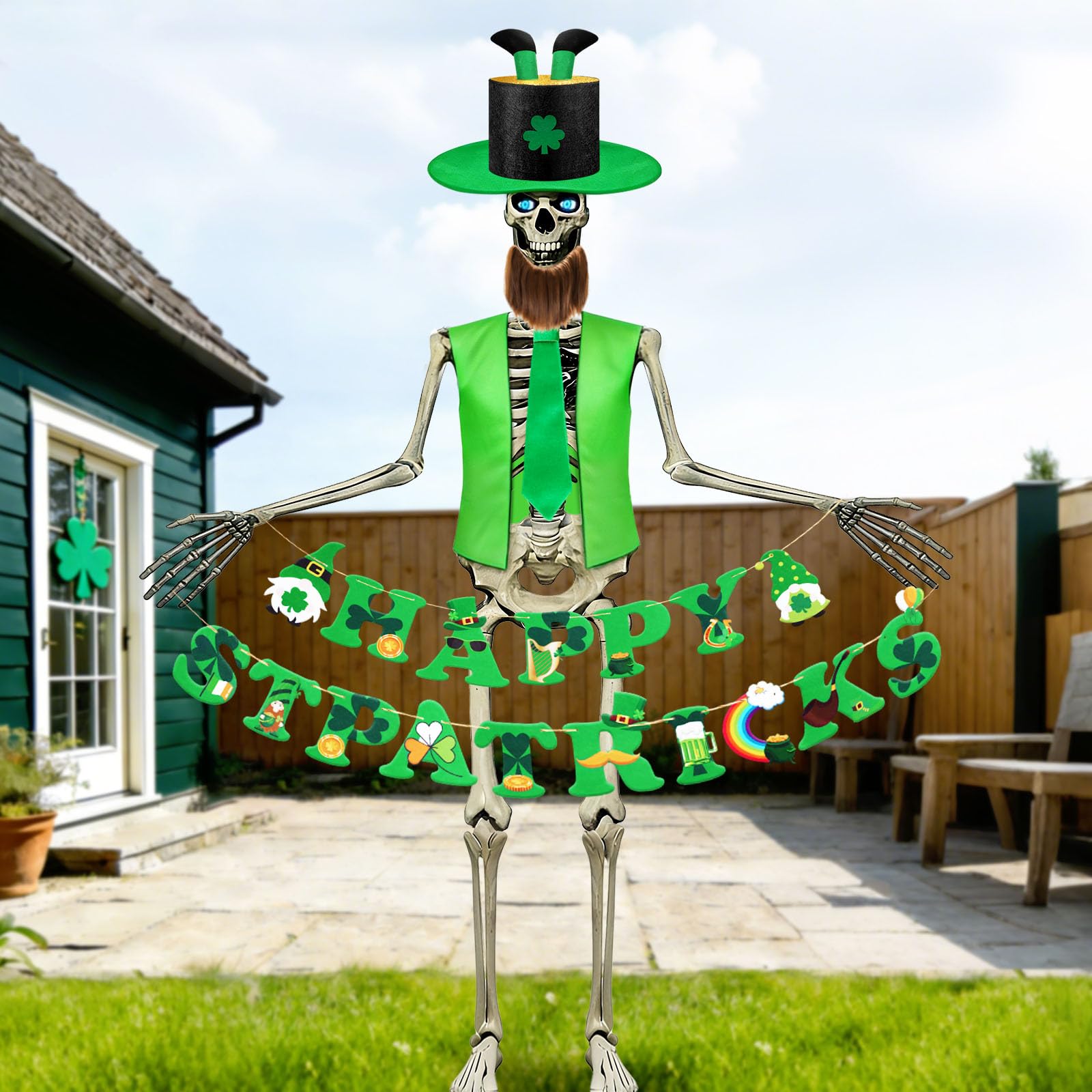 SprintGy 12ft skeleton wearing a 3D leprechaun hat with gold crown for festive outdoor display
