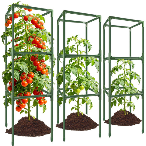 SprintGy 3-pack square tomato cages offer sturdy support for climbing tomatoes in windy gardens.