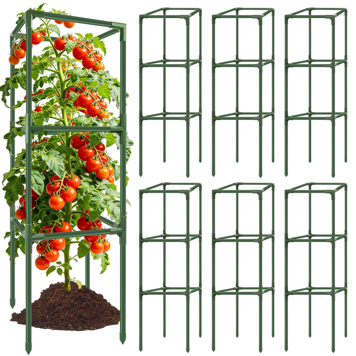 SprintGy 6-pack square tomato cages provide sturdy 49.2-inch plant support for a thriving garden.