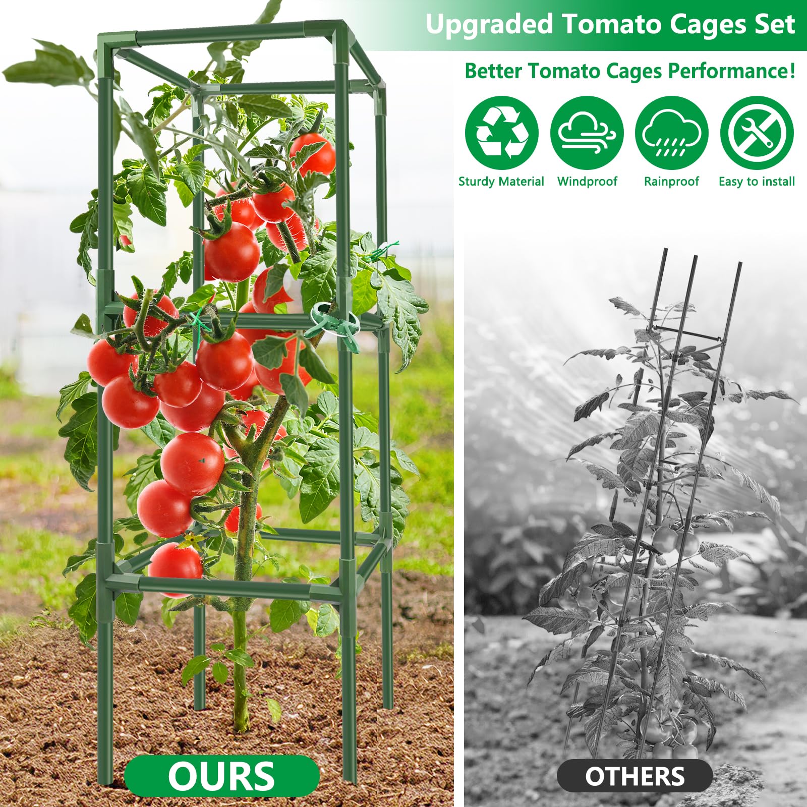 SprintGy tomato trellis kit shows modular components and easy assembly for different plant stages.