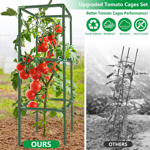 SprintGy tomato trellis kit shows modular components and easy assembly for different plant stages.