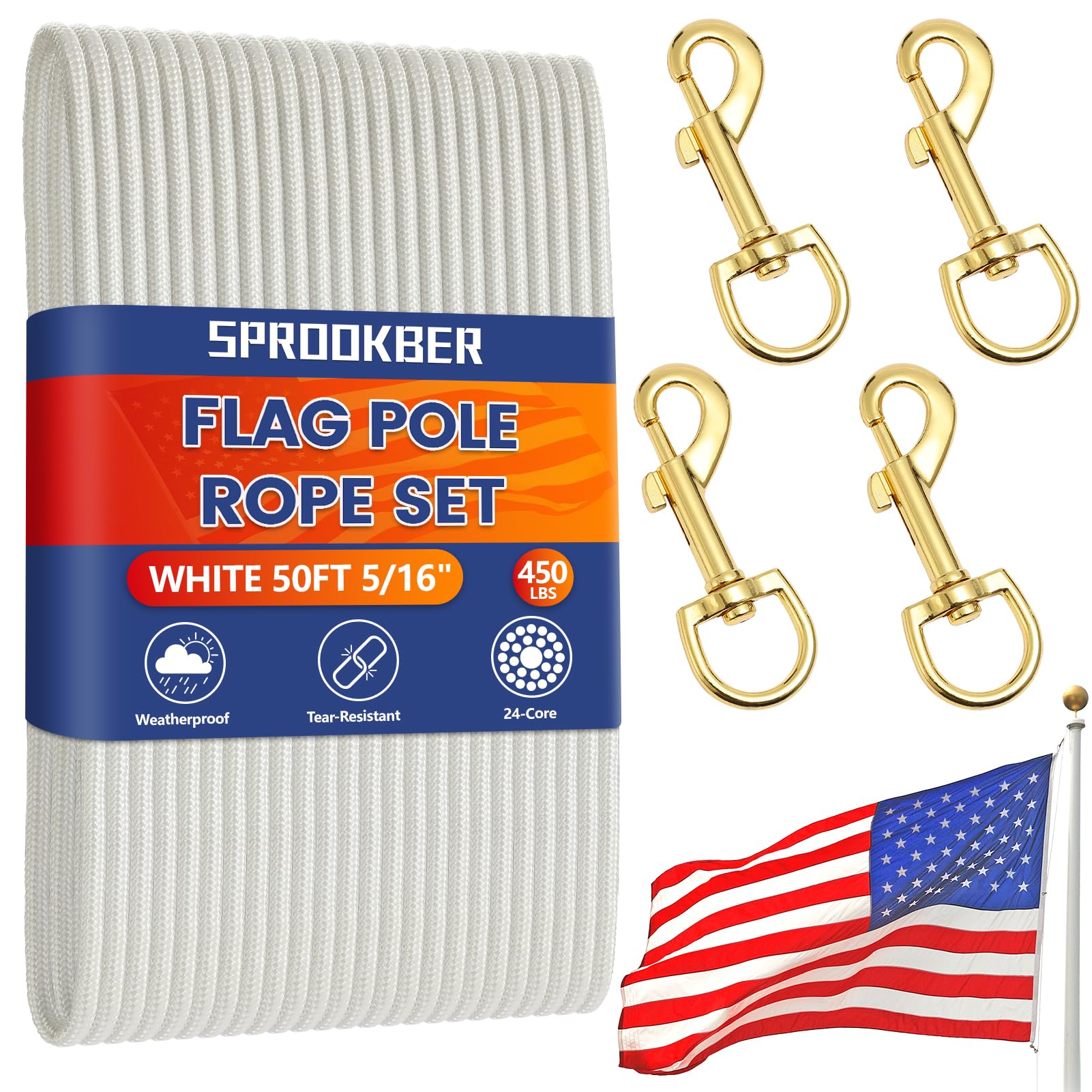 Sprookber 50ft flagpole rope kit nylon halyard for durable outdoor flag setups.