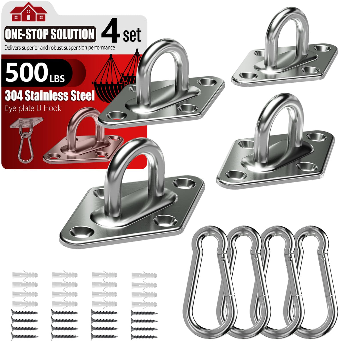 Sprookber pad eye with snap hook on stainless steel for secure ceiling mounting.