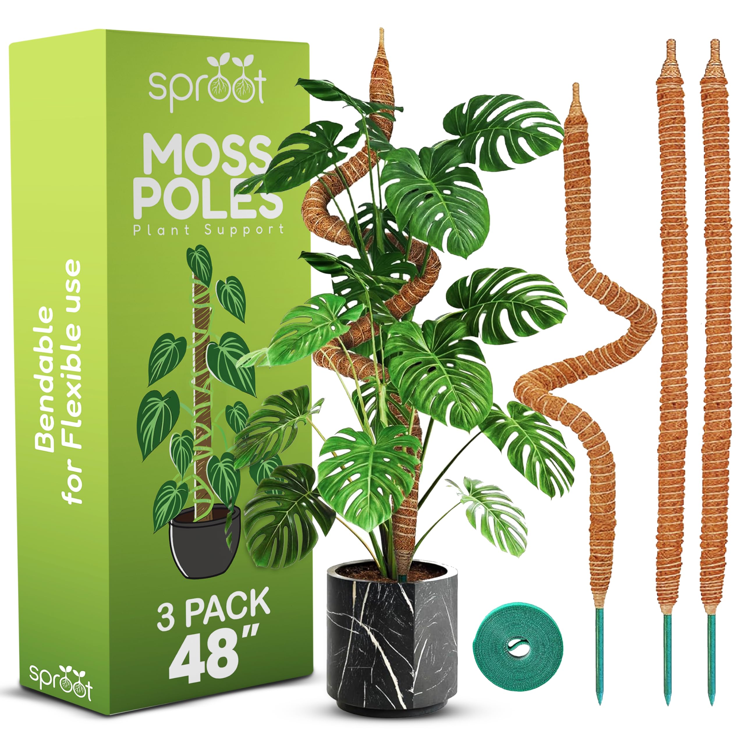 Sproot 48-inch bendable moss pole pack providing sturdy vertical support for monstera plants