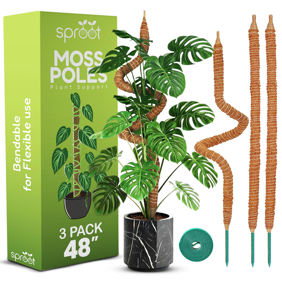 Sproot 48-inch bendable moss pole pack providing sturdy vertical support for monstera plants