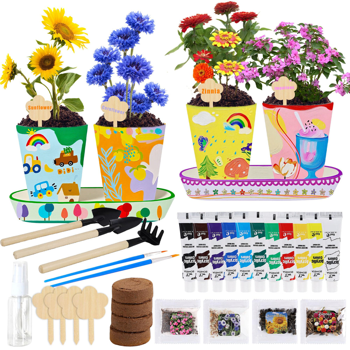 Sproutix Paint & Grow Kit: ceramic pots ready for customization and blooming plants.