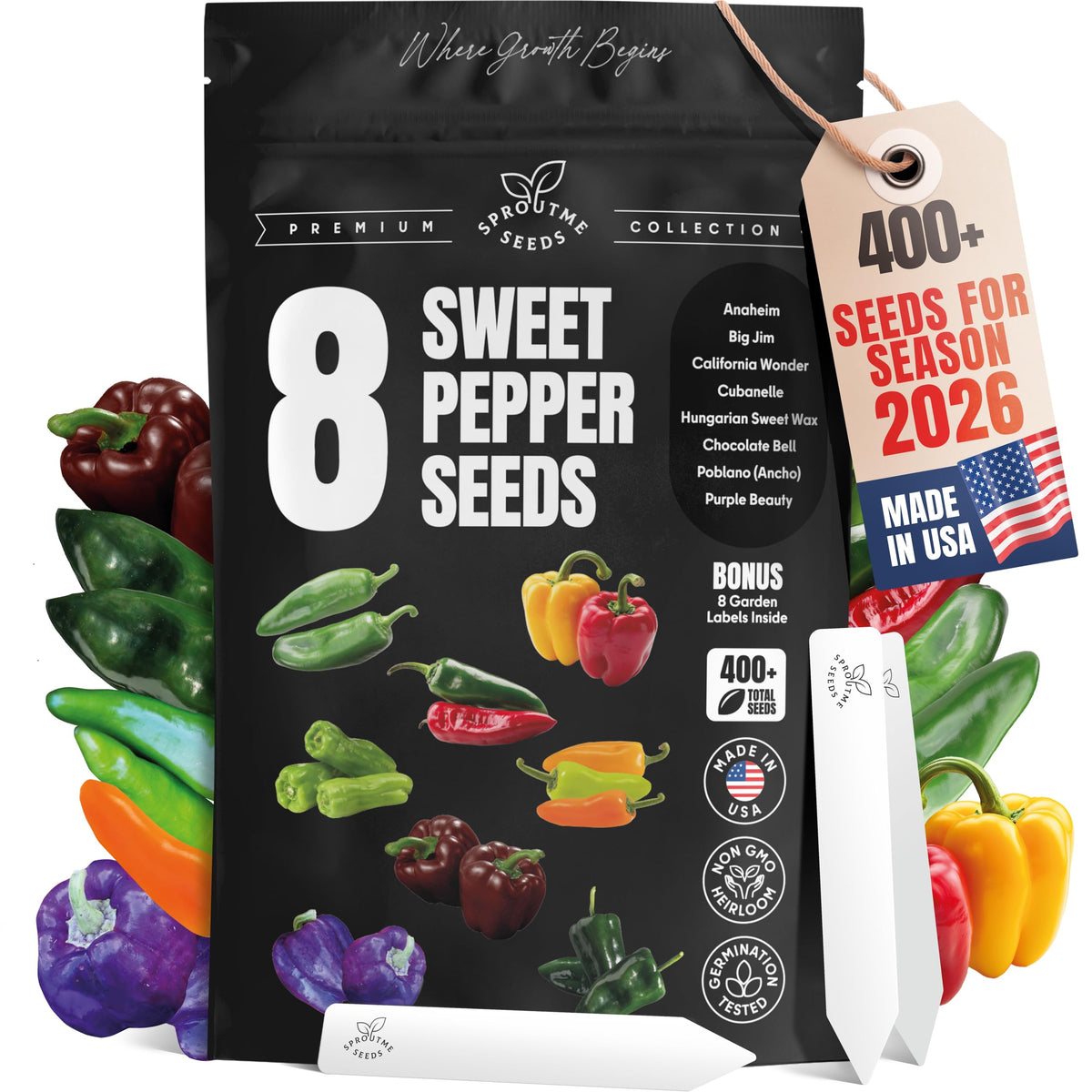 SproutMe Seeds California Wonder pepper seed packet closeup for reliable germination.