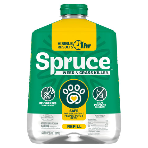 Spruce Weed Killer Refill label shows no-pour design for easy refilling.