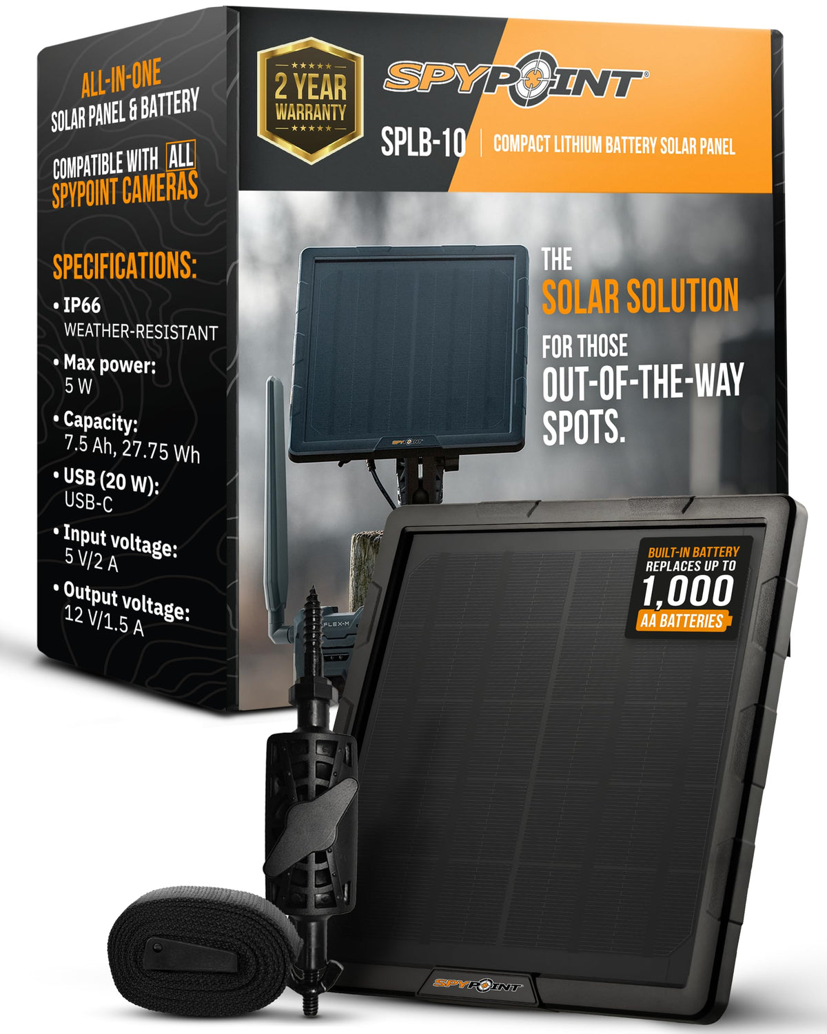 SPYPOINT SPLB-10 solar panel compact design powering a trail camera in the field