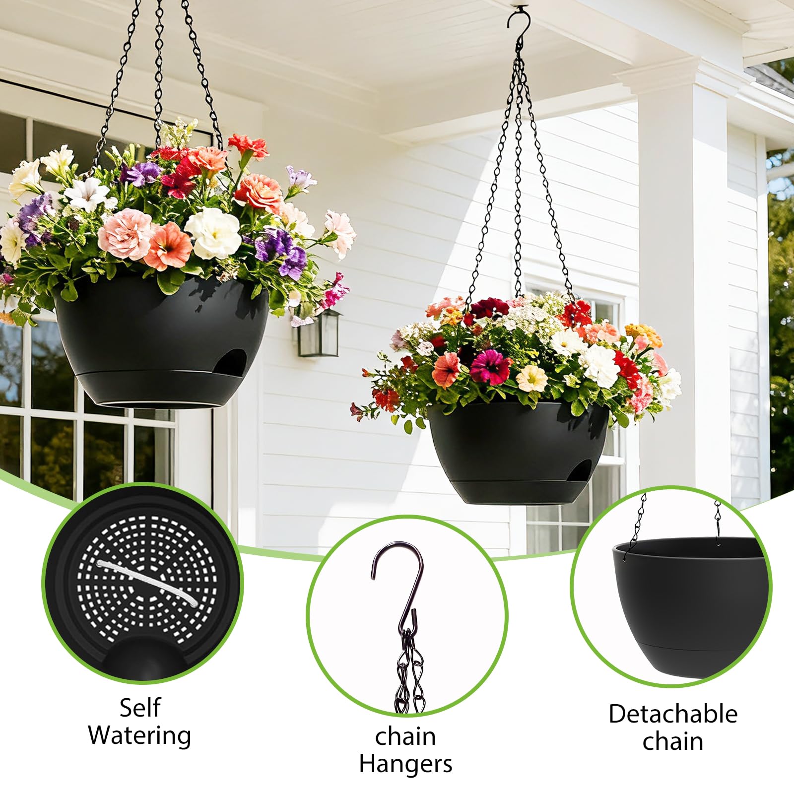 SQKH 4-Pack self-watering hanging planters overview emphasizes convenient care with water storage.