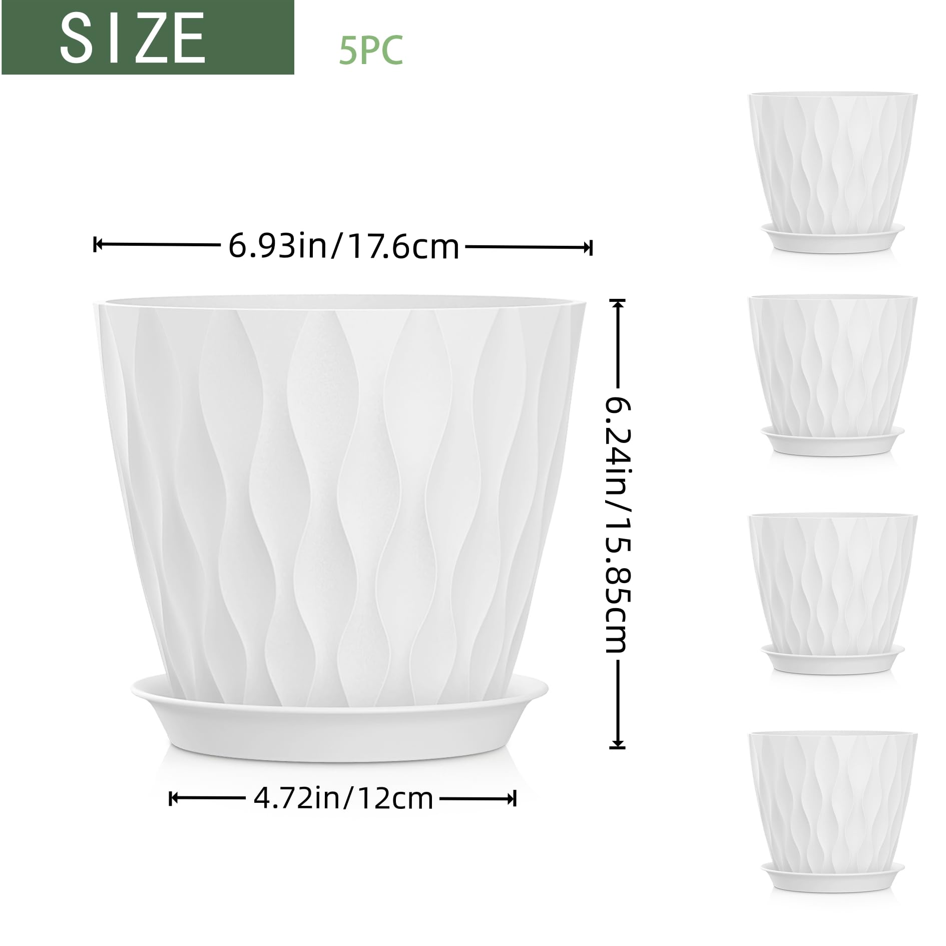 SQKH 7 Inch plant pots side view highlights thick, durable polypropylene construction.