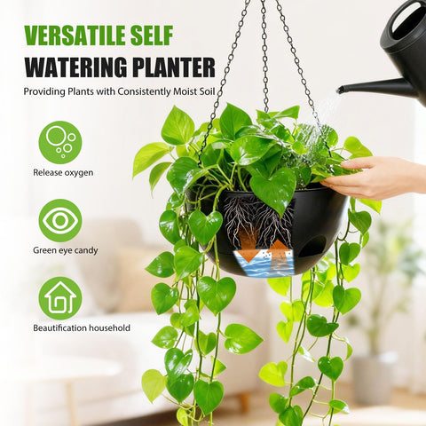 SQKH 8-Inch hanging planter side view highlights sturdy chains and easy height adjustment.