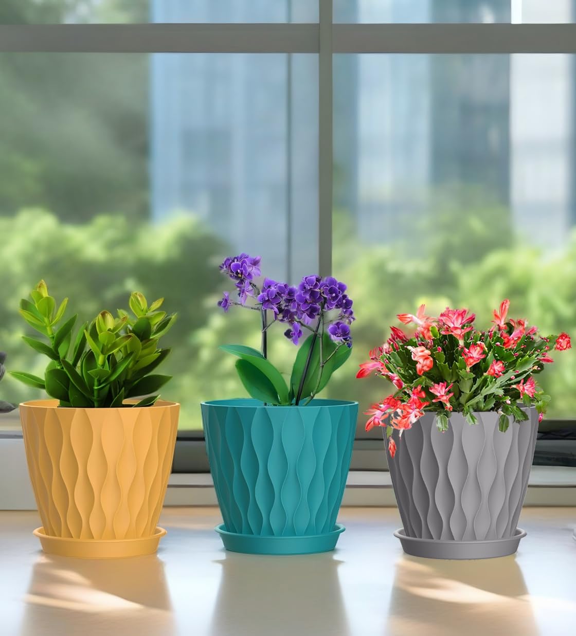 SQKH indoor pot with tray catches excess water for easy cleaning.