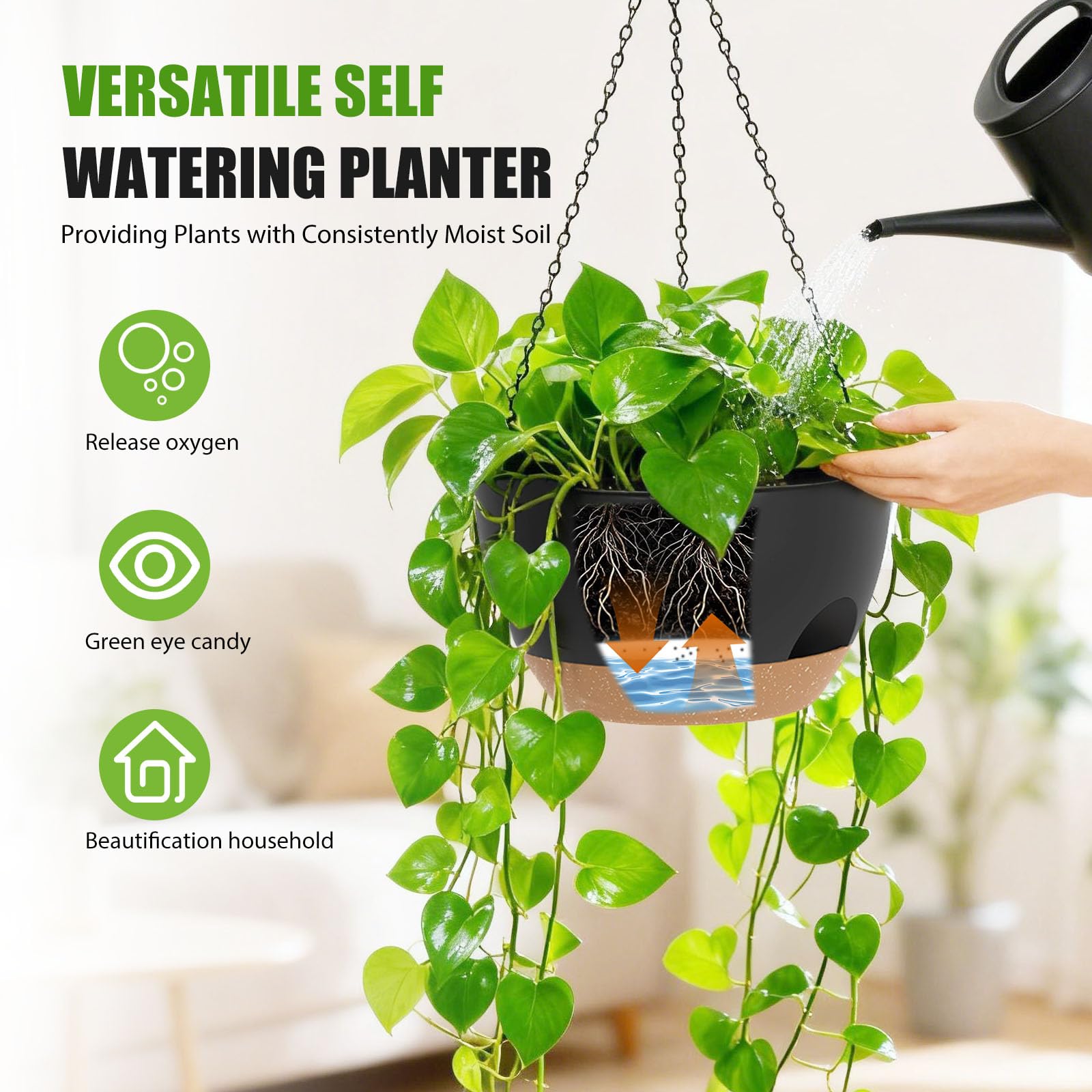 Self-watering compartment in SQKH planter helps keep plant roots hydrated.