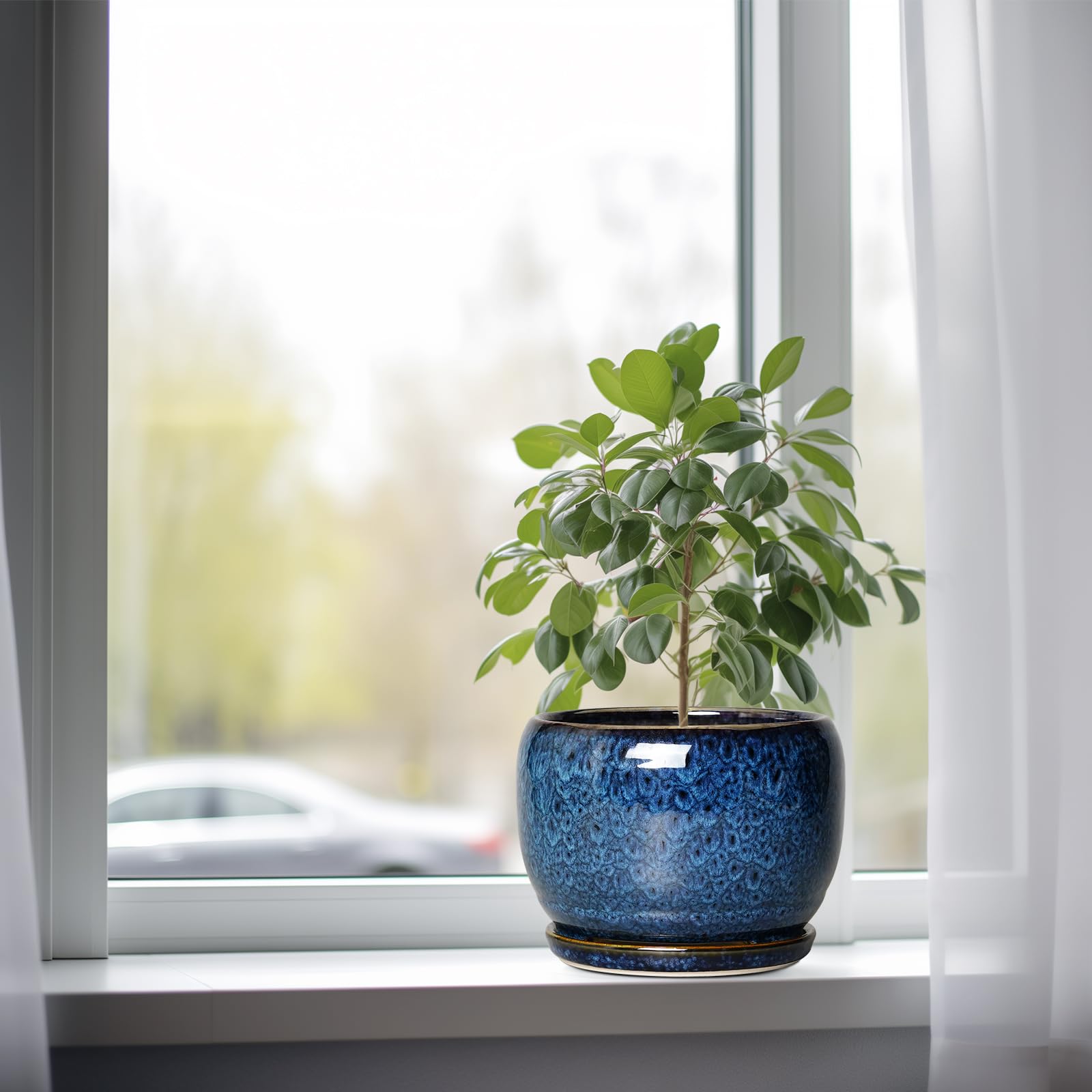SQOWL blue glaze planter in outdoor garden setup for patio aesthetics
