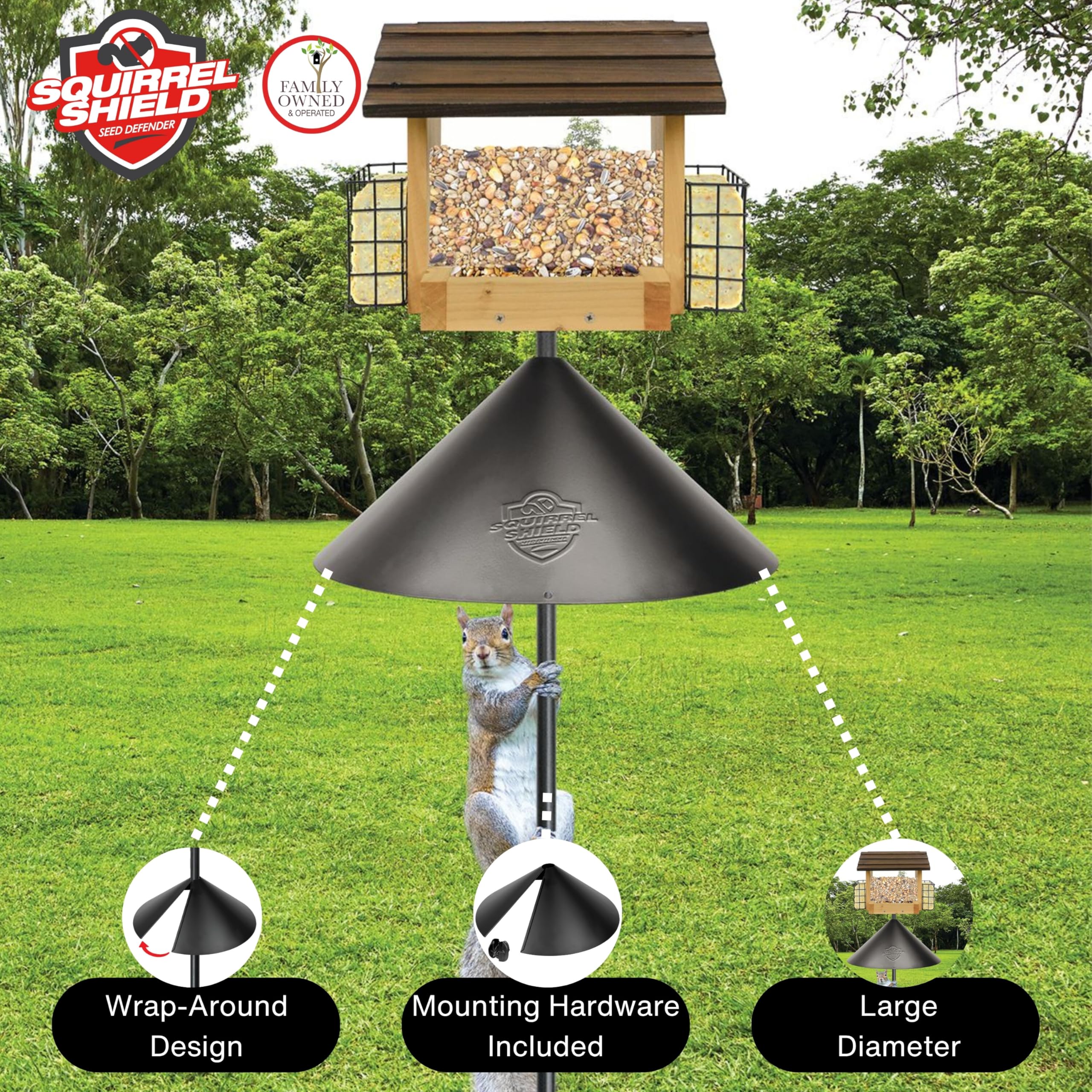 Squirrel Shield dome weather guard protects seed from precipitation